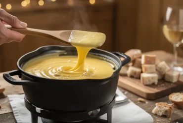 Fondue savoyarde avec spatule en mouvement en 8