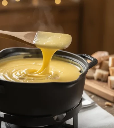 Fondue savoyarde avec spatule en mouvement en 8