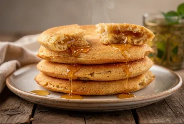 Galette marocaine harcha dorée empilée sur assiette rustique