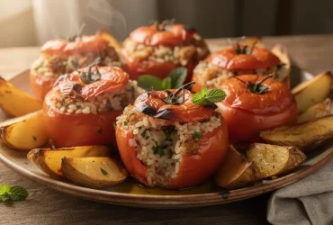 Gemista tomates farcies grecques sur plat rustique