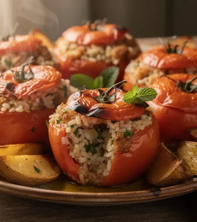 Gemista tomates farcies grecques sur plat rustique