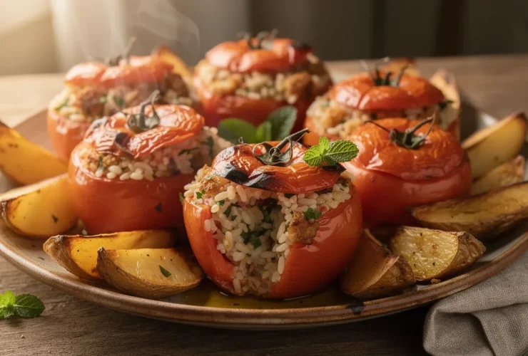 Gemista tomates farcies grecques sur plat rustique