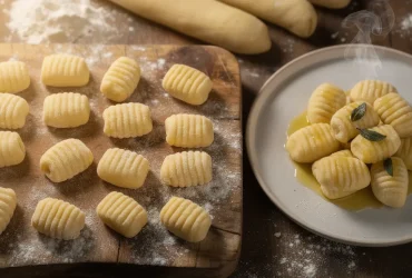 Gnocchi frais sur planche en bois rustique