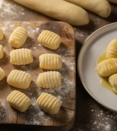Gnocchi frais sur planche en bois rustique