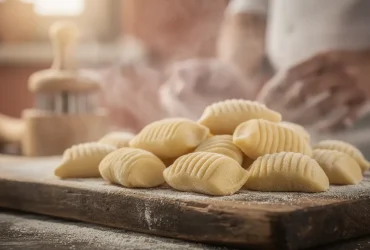 Gnocchis frais sur planche en bois rustique