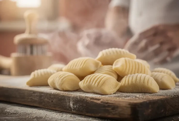 Gnocchis frais sur planche en bois rustique
