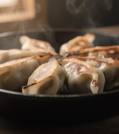 Gyoza japonais croustillants sur poêle en fonte