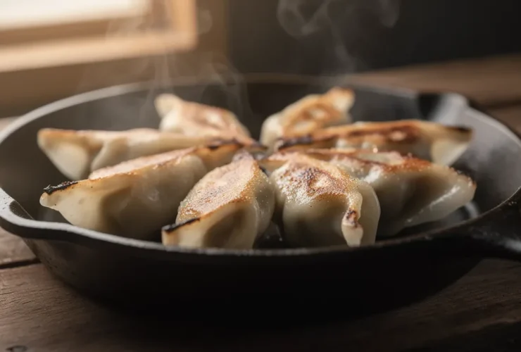 Gyoza japonais croustillants sur poêle en fonte