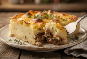 Portion de hachis Parmentier fumant sur assiette rustique