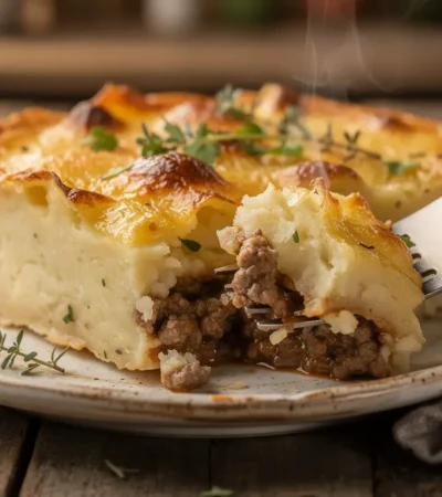 Portion de hachis Parmentier fumant sur assiette rustique