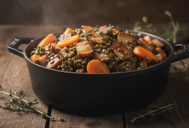 Lentilles au lard fumantes en cocotte rustique