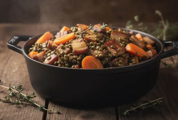 Lentilles au lard fumantes en cocotte rustique
