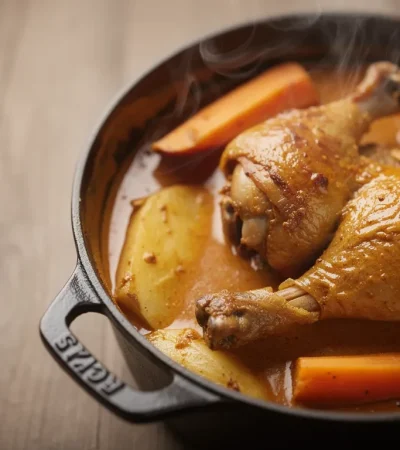Mafé de poulet fumant dans cocotte rustique