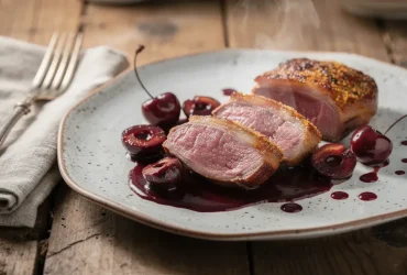 Magret de canard aux cerises sur plat rustique