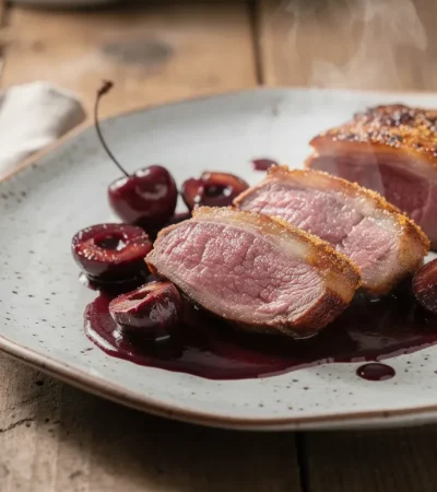 Magret de canard aux cerises sur plat rustique