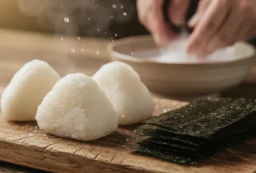 Onigiri fraîchement façonnés avec mains dans l'eau salée