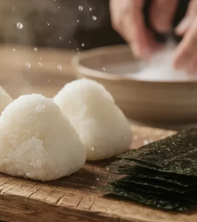 Onigiri fraîchement façonnés avec mains dans l'eau salée