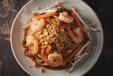 Pad thaï avec crevettes roses et cacahuètes grillées