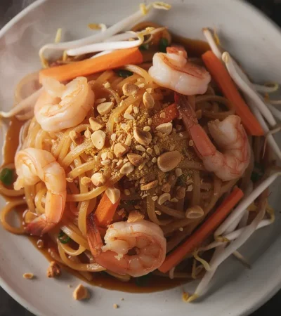 Pad thaï avec crevettes roses et cacahuètes grillées