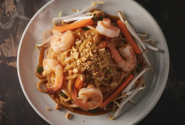 Pad thaï avec crevettes roses et cacahuètes grillées