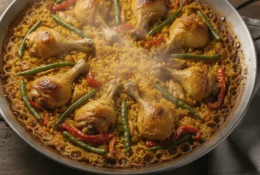 Paella valenciana avec socarrat croustillant