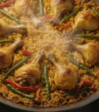 Paella valenciana avec socarrat croustillant