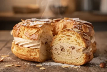 Gros plan sur un Paris-Brest doré sur table rustique