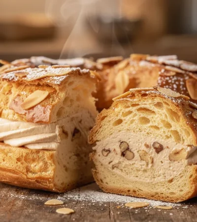 Gros plan sur un Paris-Brest doré sur table rustique