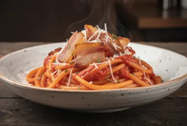 Pâtes amatriciana fumantes dans bol rustique