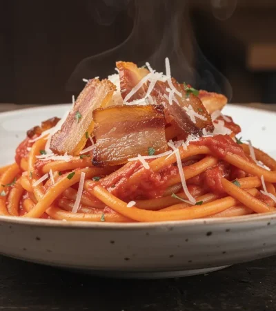 Pâtes amatriciana fumantes dans bol rustique