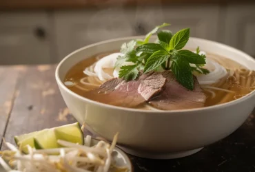 Bol de pho bò vietnamien fumant sur table rustique