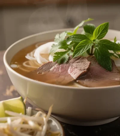 Bol de pho bò vietnamien fumant sur table rustique