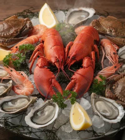 Plateau royal de fruits de mer sur glace pilée