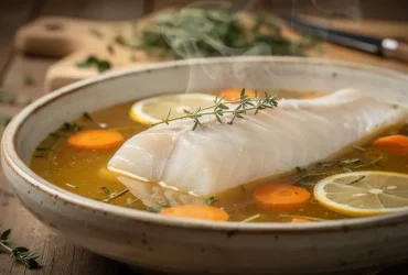 Filet de poisson poché dans bouillon maison rustique
