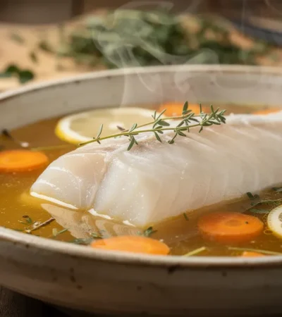Filet de poisson poché dans bouillon maison rustique