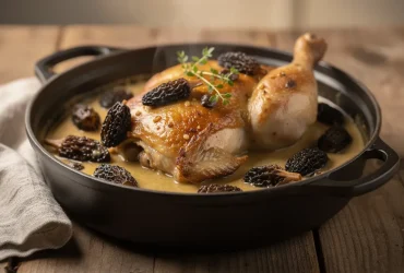 Poulet aux morilles dans coccote en fonte