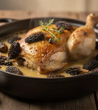 Poulet aux morilles dans coccote en fonte