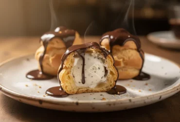 Profiteroles gourmandes avec glace et sauce chocolat