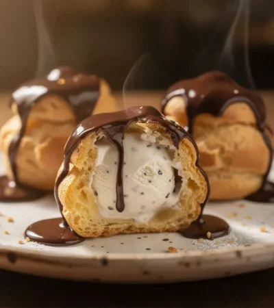 Profiteroles gourmandes avec glace et sauce chocolat