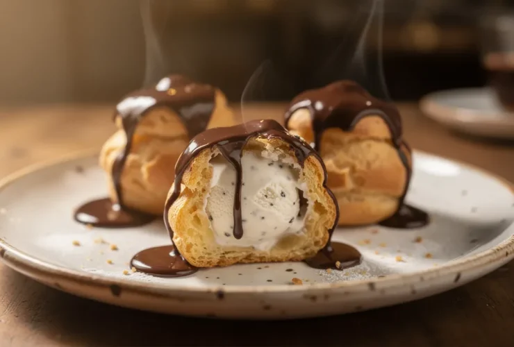 Profiteroles gourmandes avec glace et sauce chocolat