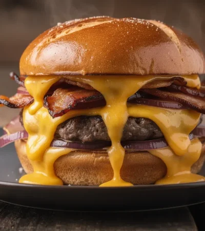Burger raclette bacon avec fromage fondu