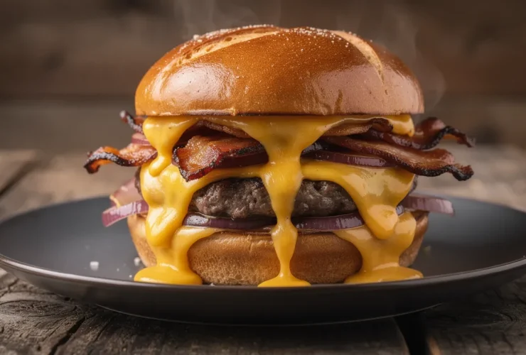 Burger raclette bacon avec fromage fondu