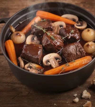 Ragoût de bœuf au vin rouge dans cocotte en fonte