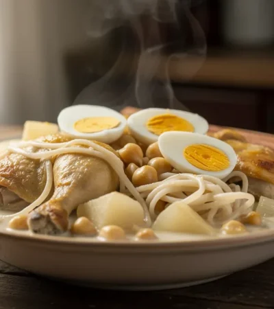 Bol de Rechta Algéroise fumant sur table rustique