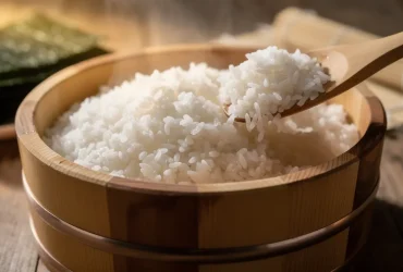 Riz à sushi frais dans bol hangiri en bois