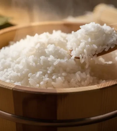 Riz à sushi frais dans bol hangiri en bois