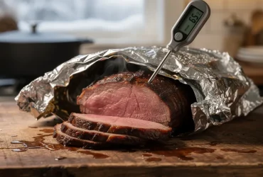 Rôti de bœuf reposant sous aluminium foil