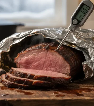 Rôti de bœuf reposant sous aluminium foil