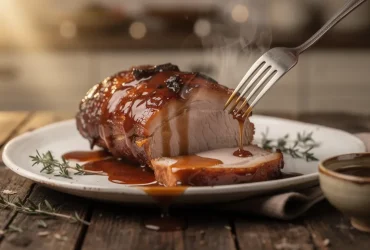 Rôti de porc glacé sur plat rustique
