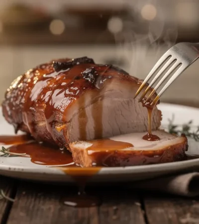 Rôti de porc glacé sur plat rustique